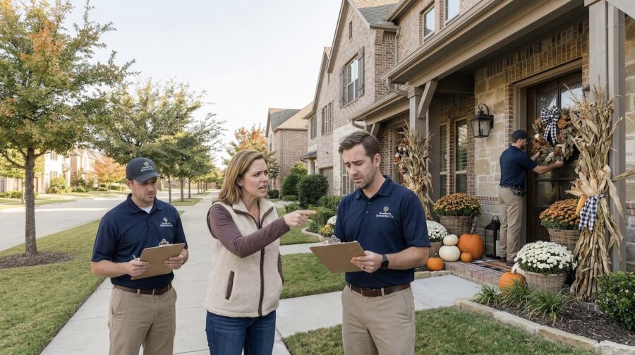 A woman talks to two men holding clipboards outside a house adorned with autumn-themed front porch decor, while another man works near the front door.