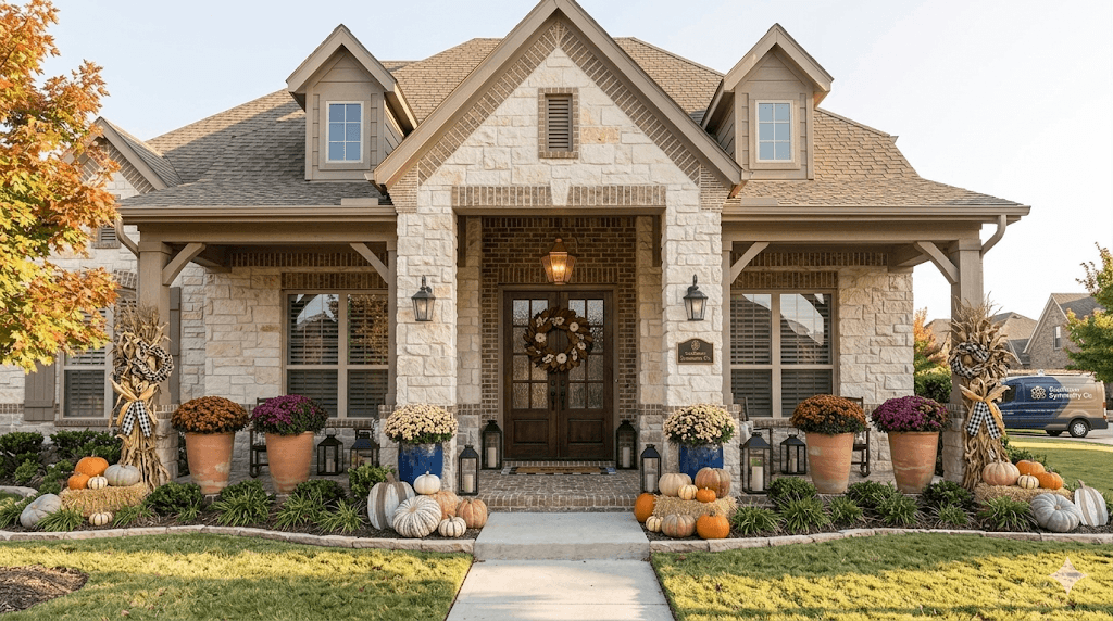 A stone house with a festive front porch, adorned with potted flowers, pumpkins, and a fall wreath on the door—perfect for welcoming guests during the competitive season.