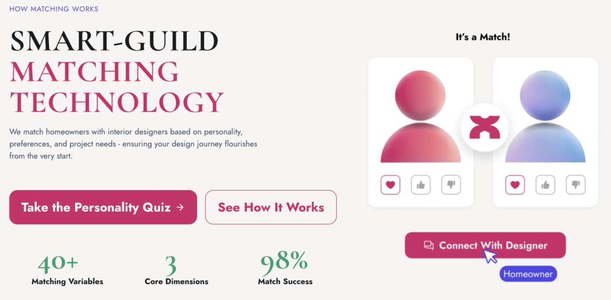 Stop Doomscrolling for an Interior Designer. There's a Better Way. - 2 A graphic explaining a matching technology for homeowners and interior designers, featuring two generic profile icons, a match symbol, and buttons for quizzes.