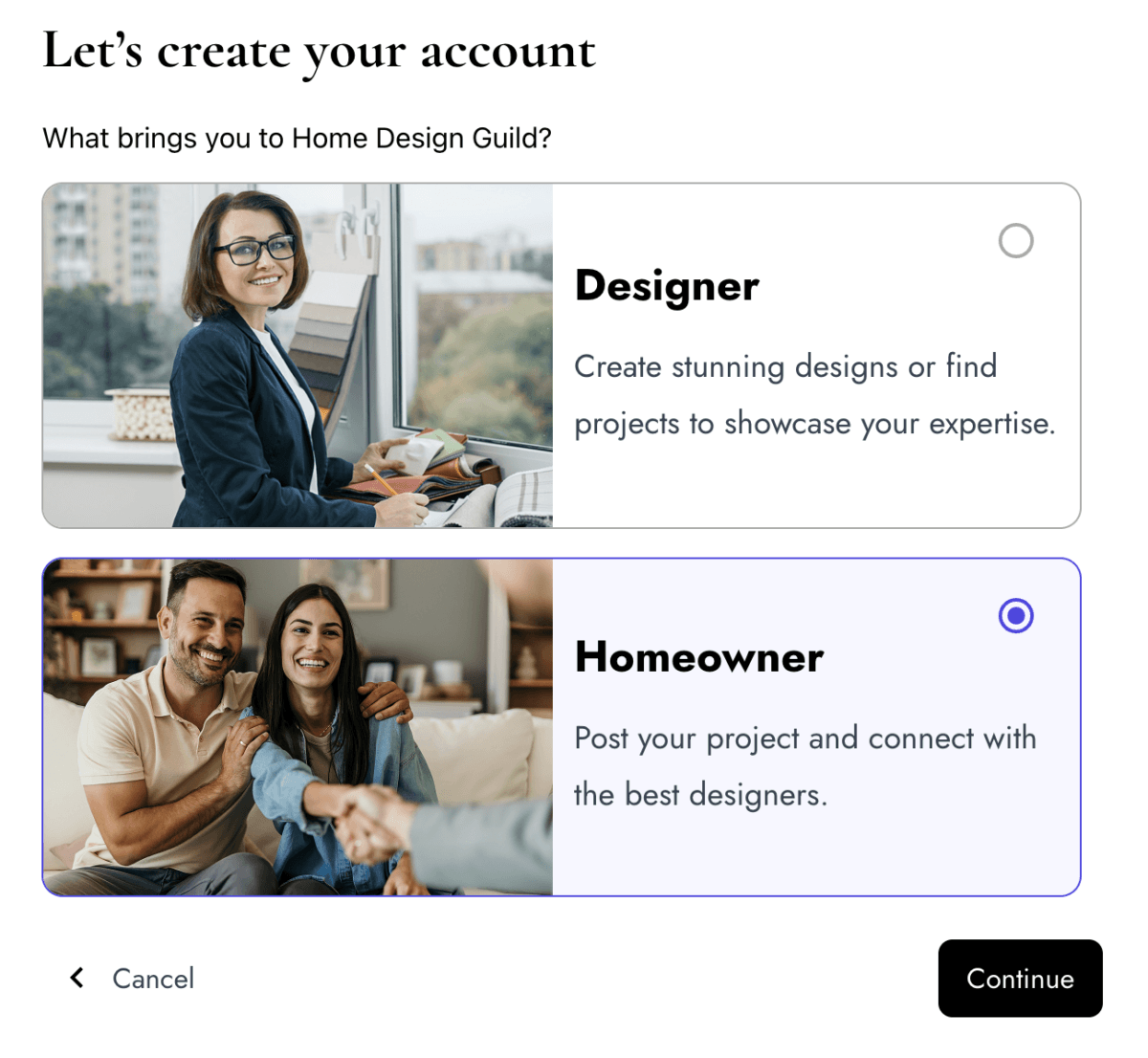 Stop Doomscrolling for an Interior Designer. There's a Better Way. - 4 Account creation screen with two options: Interior Designer (businesswoman at desk) and Homeowner (smiling couple at home), each with a brief description. "Continue" and "Cancel" buttons help you get started.