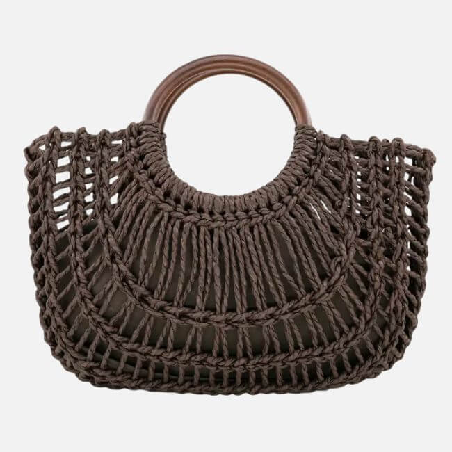 18 Birmingham FINDS for May Celebrations: Graduation, Mother's Day & More - 3 A brown woven handbag from FINDS Birmingham, featuring large circular wooden handles and an open, net-like design—perfect for sunny days in May.