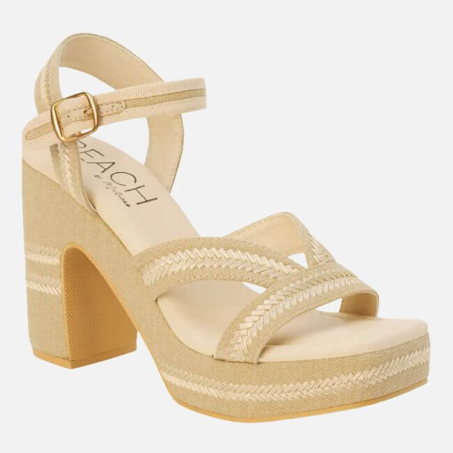 18 Birmingham FINDS for May Celebrations: Graduation, Mother's Day & More - 4 Beige high-heeled sandal with thick heel, ankle strap, and decorative stitching on the fabric straps and sole—perfect for Birmingham’s May FINDS.