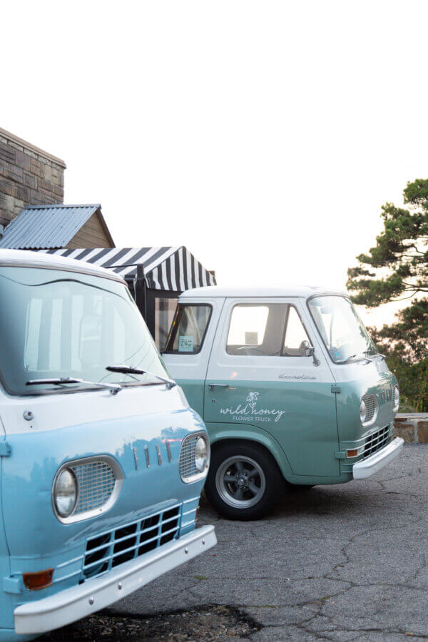 Meet the Mother-Daughter Duo Behind Wild Honey Flower Truck - 5 Two vintage light blue and green vans from the Wild Honey Flower Truck, run by a mother-daughter duo, are parked on a paved surface near a building with a striped awning and trees in the background.