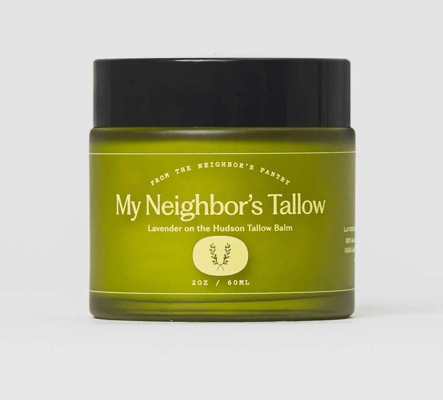 18 Birmingham FINDS for May Celebrations: Graduation, Mother's Day & More - 15 A green jar labeled "My Neighbor's Tallow, Lavender on the Hudson Tallow Balm, 2 oz / 60 ml," a soothing Birmingham FINDS discovery, against a plain white background.
