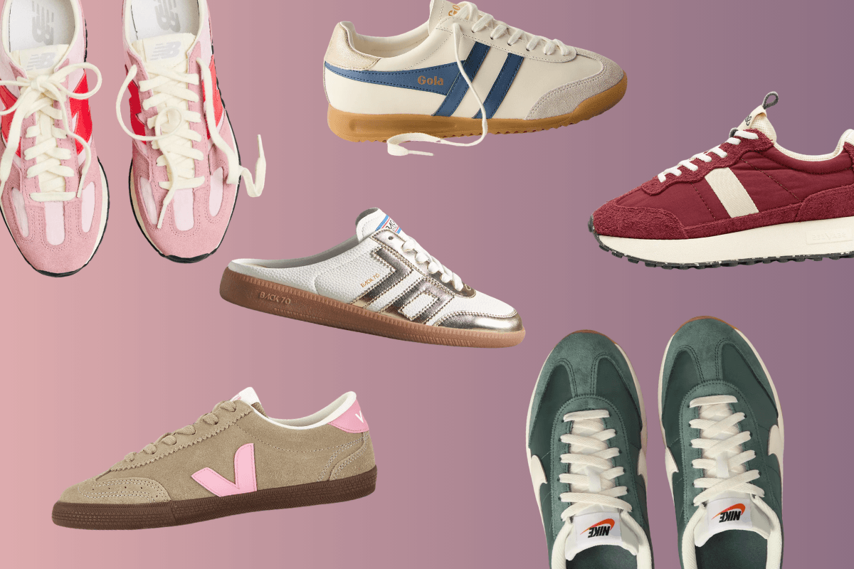 Six pairs of trending sneakers in various colors and styles are arranged on a pink and purple gradient background.