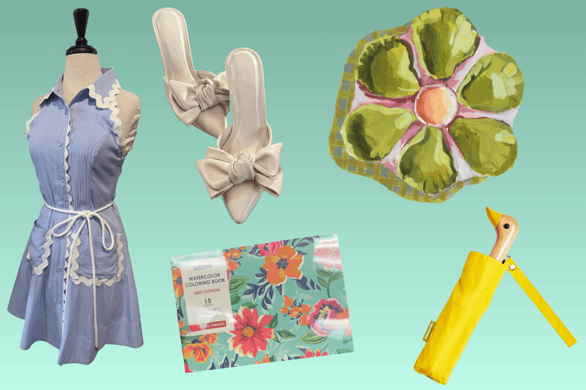 A blue and white collared dress on a mannequin, cream bow sandals, a green and yellow floral plate, a floral notebook, and a yellow duck-handled umbrella evoke the charm of spring in Louisville against a green gradient background.