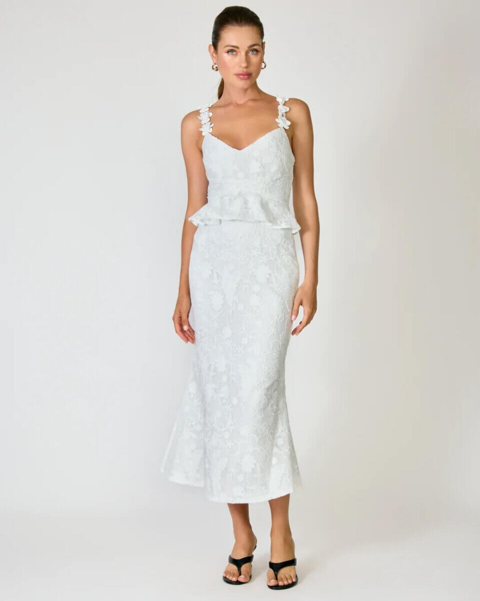 15 Memphis FINDS for May: Mother's Day & Spring Celebrations - 3 A woman wearing a white lace sleeveless dress with floral straps and a peplum waist, perfect for Memphis shopping, stands against a plain background in black open-toe heels.