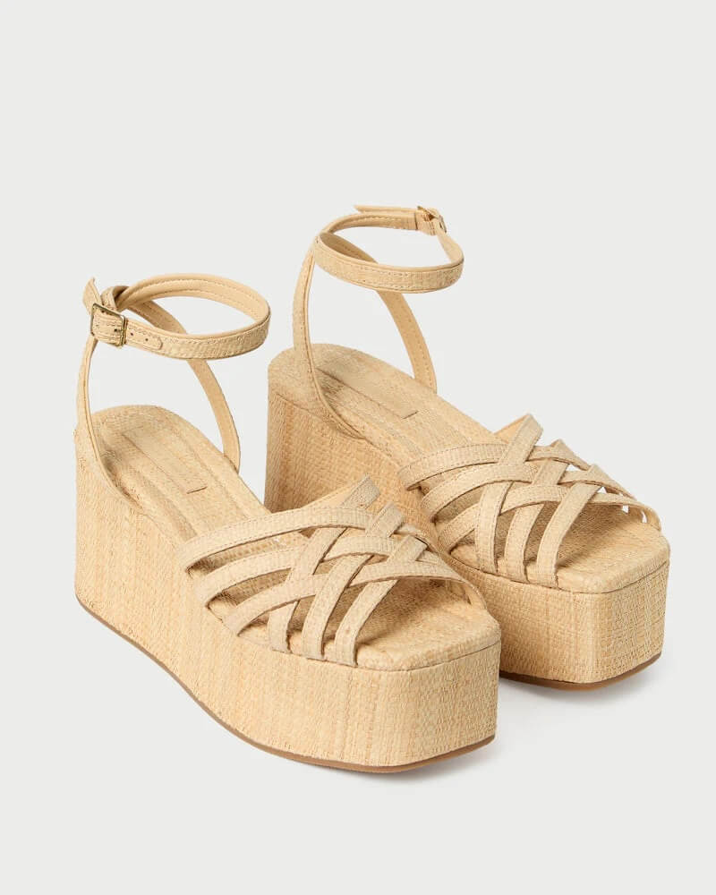 15 Memphis FINDS for May: Mother's Day & Spring Celebrations - 4 A pair of beige platform sandals with ankle straps and woven detailing on the toe straps, perfect for your next Memphis shopping trip, displayed on a plain background.