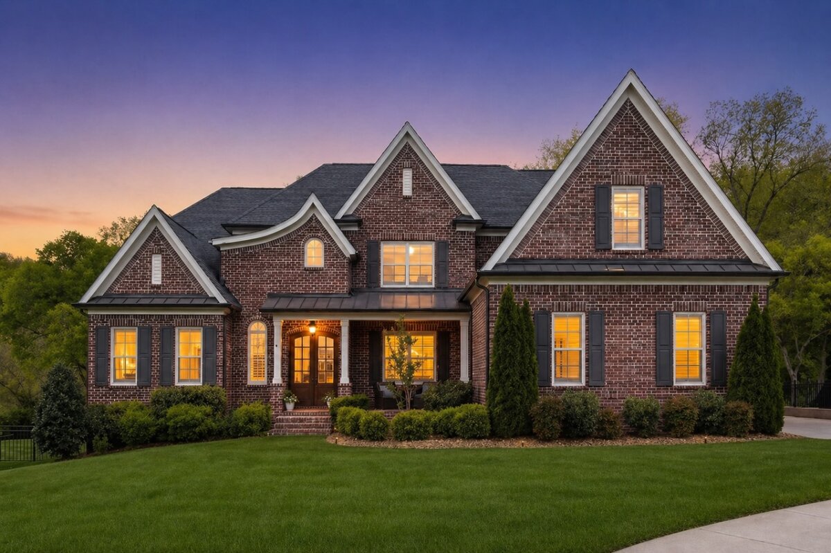 A large brick house at 2708 Eglington Terrace features lit windows, steep gable roofs, a manicured lawn, shrubs, and a curved driveway glowing at sunset.