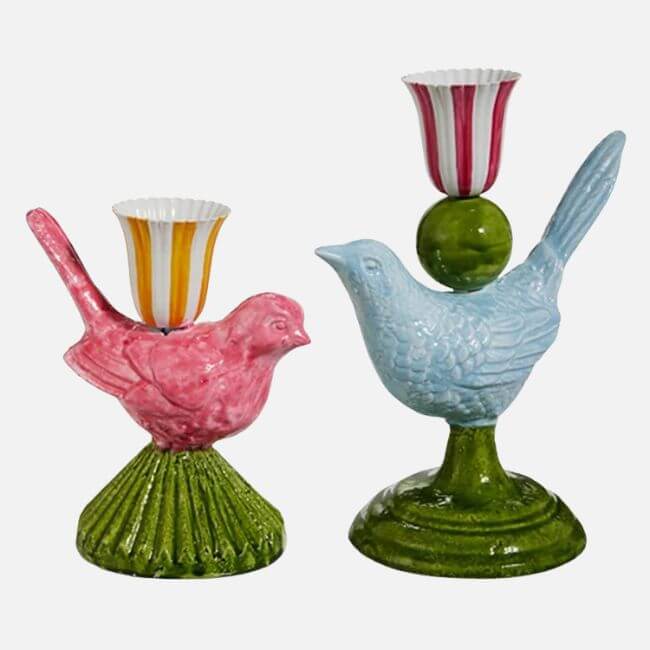 16 Nashville FINDS for April: Spring Style, Party-Ready Picks & Everyday Luxuries - 12 Perfect for shopping in Nashville, these two ceramic candle holders shaped like birds—one pink and one blue—feature decorative striped cups on top and stand on charming green bases.
