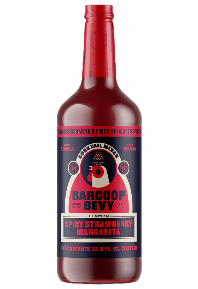 20 Spring FINDS for Mother’s Day & Beyond: Style, Beauty & Home Must-Haves - 20 A 1-liter bottle of Barcoop Bevy Spicy Strawberry Margarita cocktail mixer with a red cap and colorful label featuring a rooster graphic—a Nashville FINDS highlight for May 2026.