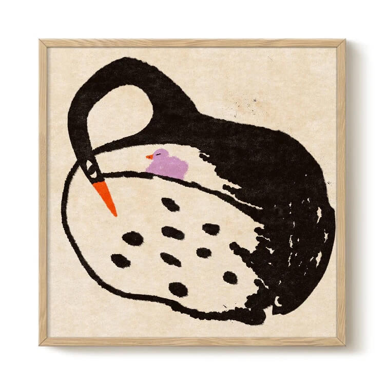 20 Spring FINDS for Mother’s Day & Beyond: Style, Beauty & Home Must-Haves - 17 Illustration of a black swan with an orange beak and a small purple duckling on its back, set against a beige background in a wooden frame—perfect for Nashville FINDS Draft, May 2026.