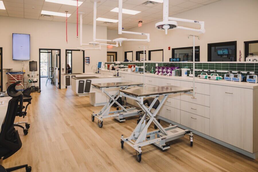 Not Your Average Vet: A Beautifully Designed Georgia Clinic Inspired by One Dog's Story - 9 A clean, modern Ruby Vet clinic exam room with adjustable metal tables, medical equipment, and cabinetry on a light wood floor.