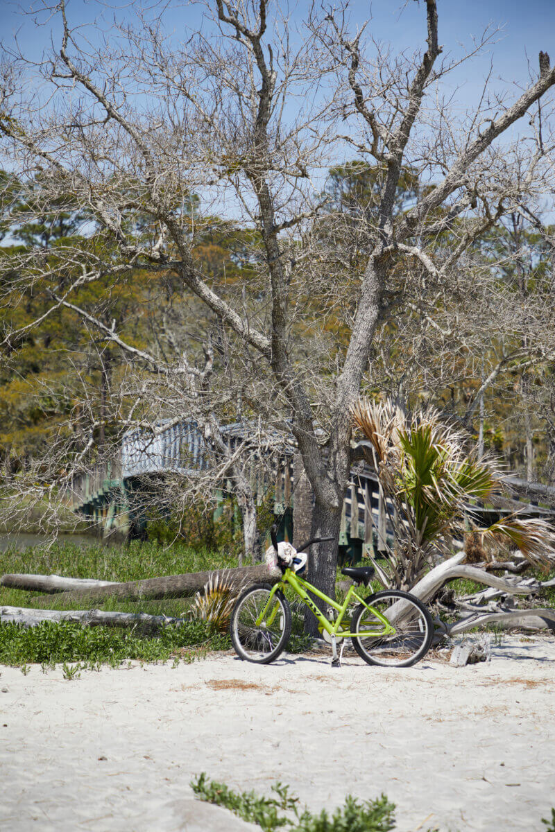 The Top Outdoor Adventures in South Carolina - 13 A yellow bike rests against a tree, surrounded by sand and in front of a small bridge.