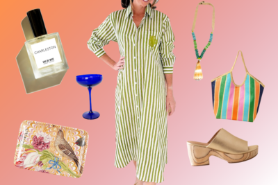 A person in a green and white striped dress is surrounded by stylish finds—a perfume bottle, blue glass, beaded necklace, striped bag, floral wallet, and gold clogs—on a pink gradient background. Shop this May with Southern FINDS!.