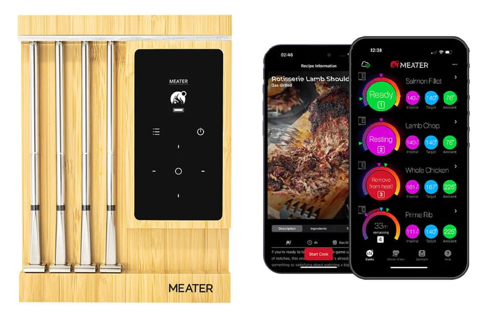 Chefs' Kitchen Tools Worth the Splurge (and Some to Save On) - 8 A wireless meat thermometer set with four probes on a wooden baseβessential chef toolsβalongside two smartphones displaying cooking progress and recipes in the MEATER app.