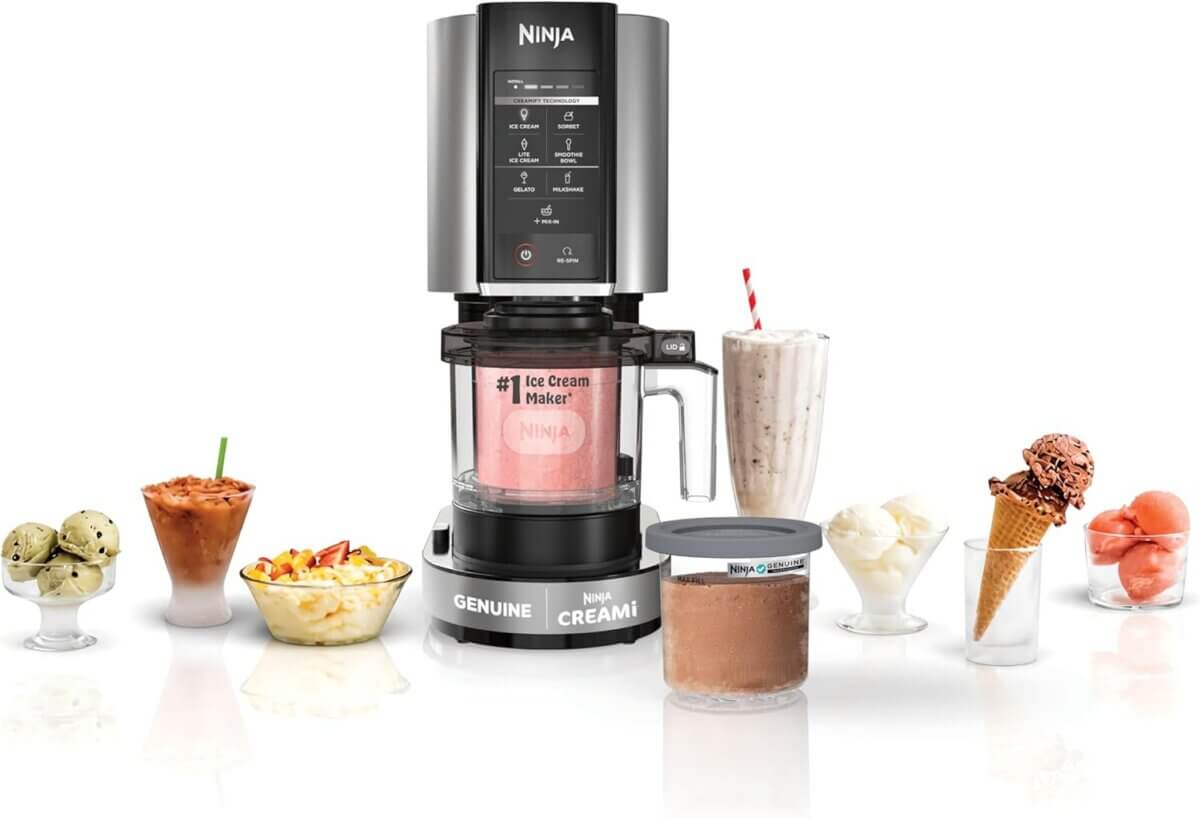 Chefs' Kitchen Tools Worth the Splurge (and Some to Save On) - 5 A Ninja ice cream maker with a control panel, surrounded by various ice cream desserts in bowls, cones, and cups, plus two ice cream containers in frontβan essential addition to your chef tools collection.