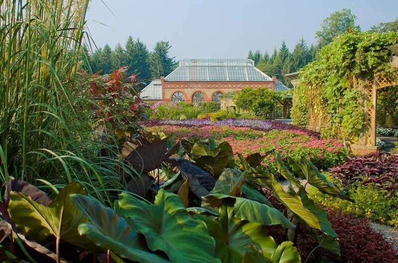 Spend a Weekend 'Wine-Hopping' in Asheville, NC - 5 A large greenhouse with a glass roof stands behind colorful flower beds and lush green plants in a landscaped garden.