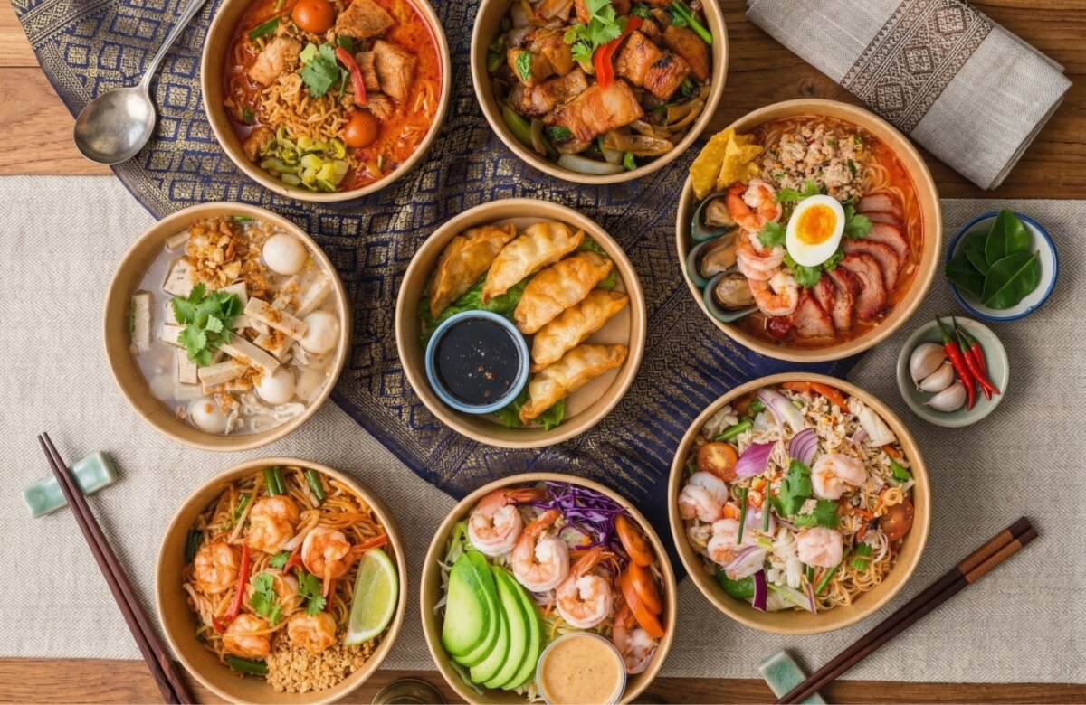 An overhead view of eight bowls of assorted Asian dishes, including noodles, fried dumplings, shrimp, pork, and garnishes, arranged on a decorative table setting with chopsticks—perfect inspiration from new Nashville restaurants.