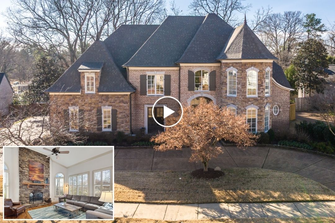 Two-story brick house at 7571 Tagg Dr, Germantown TN, features arched windows and a front lawn; inset shows a living room with a stone fireplace and sectional sofa.