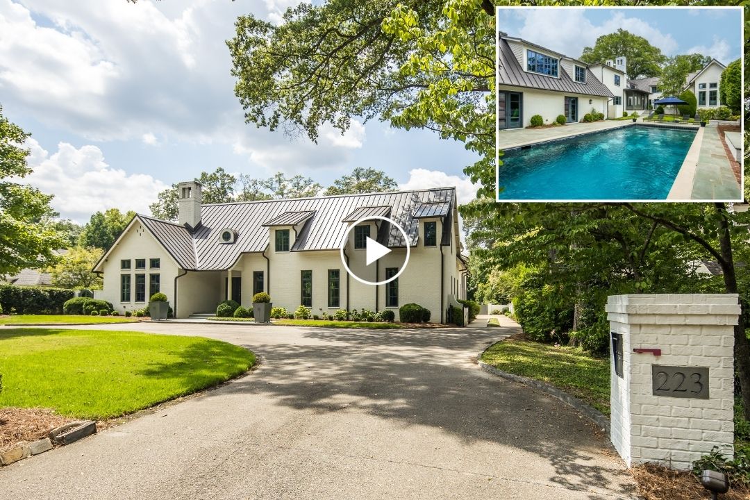 Modern two-story house at 223 E Cherry Cir, Memphis TN, with a gray metal roof, large windows, circular driveway, and manicured lawn. Inset shows a backyard swimming pool. House number 223 is on a white mailbox post.
