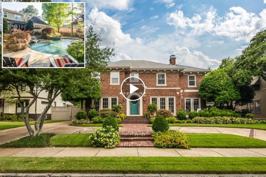 A two-story brick house at 1520 Vance Ave, Memphis TN, with green shutters, manicured lawn, and flower beds; inset shows a backyard pool surrounded by landscaping and a patio.