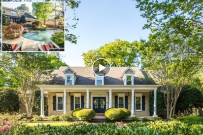 A yellow two-story house with a covered front porch, surrounded by trees and shrubs on Shady Grove Rd in Memphis. Inset shows a backyard with a swimming pool and landscaped garden at 6326 Shady Grove Rd.