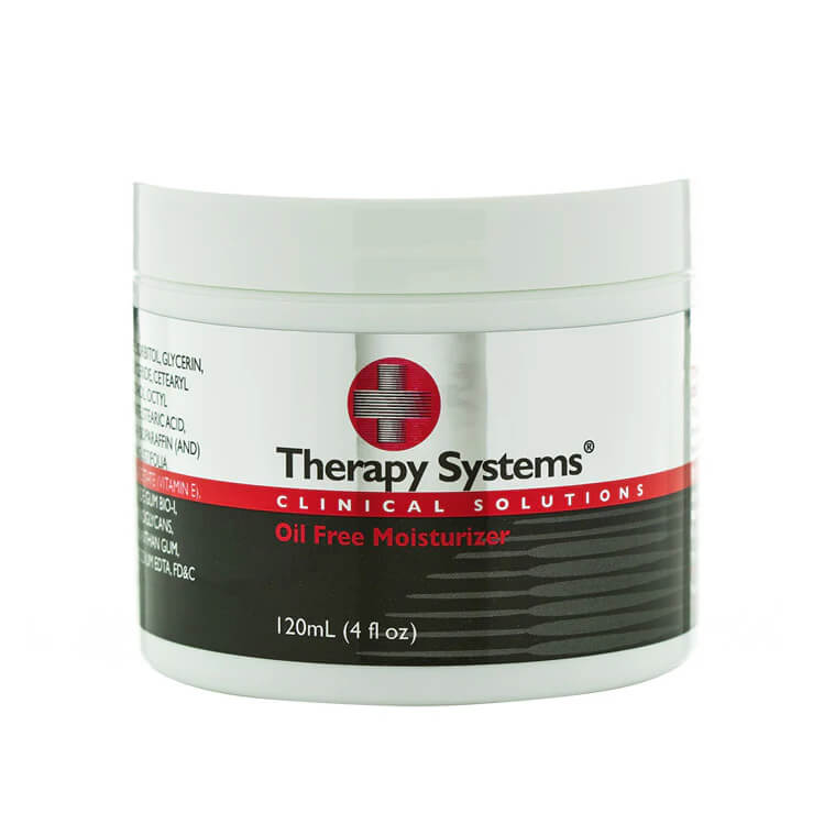 White plastic container of Therapy Systems Oil Free Moisturizer, 120 ml (4 fl oz), with a red, black, and silver label.