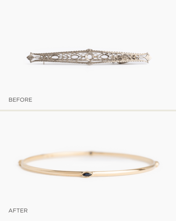 It's the Year of the Brooch! Here's How to Style Them - 16 Two images reveal a Year Of The Brooch transformation: an ornate, antique silver brooch labeled "before," and a simple gold bangle with a blue stone labeled "after.