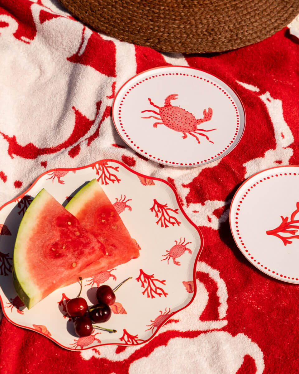 Table Two Studio's Luxe Paper Plates Will Change How You Entertain - 8 Watermelon slices and cherries on a decorative Table Two Studio plate with a red sea life pattern, next to matching luxury paper plates, all set on a red and white towel.