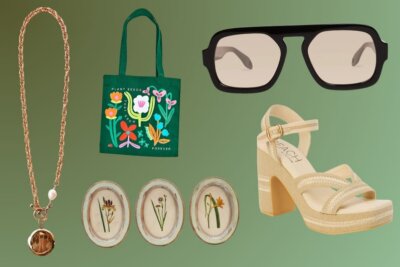 A gold pendant necklace, green floral tote bag, black sunglasses, three ceramic dishes with pressed flowers, and beige platform sandals—fresh Birmingham FINDS May picks—are styled on a green gradient background.