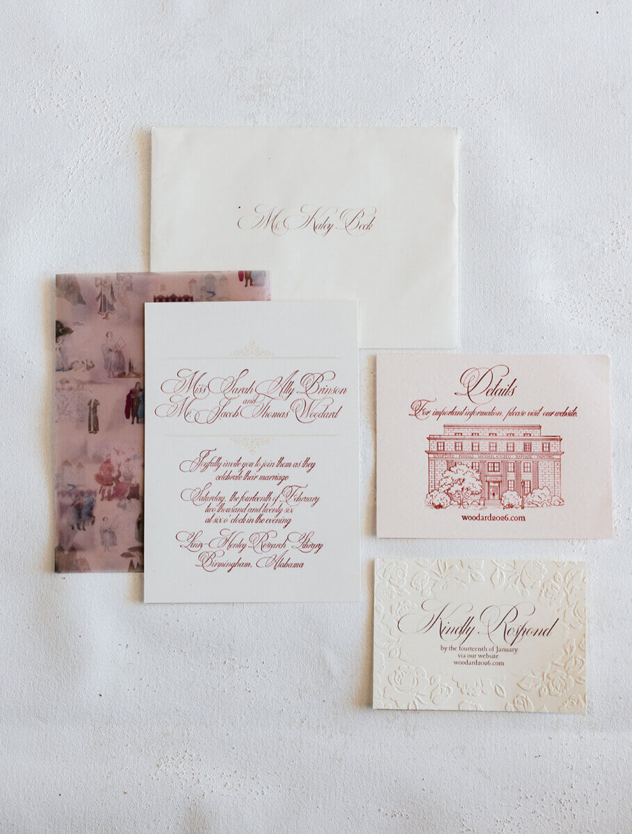A flat lay of elegant wedding stationery, perfect for a storybook wedding, including invitations, RSVP cards, an envelope, and a translucent sheet with illustrations—all beautifully arranged on a white surface.
