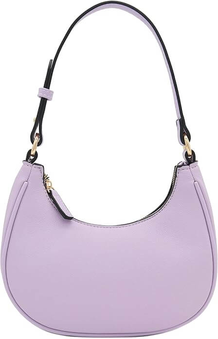 A light purple crescent-shaped handbag with a short black strap and gold hardware, featuring a zipper closure—perfect for those seeking colorful bags this season.