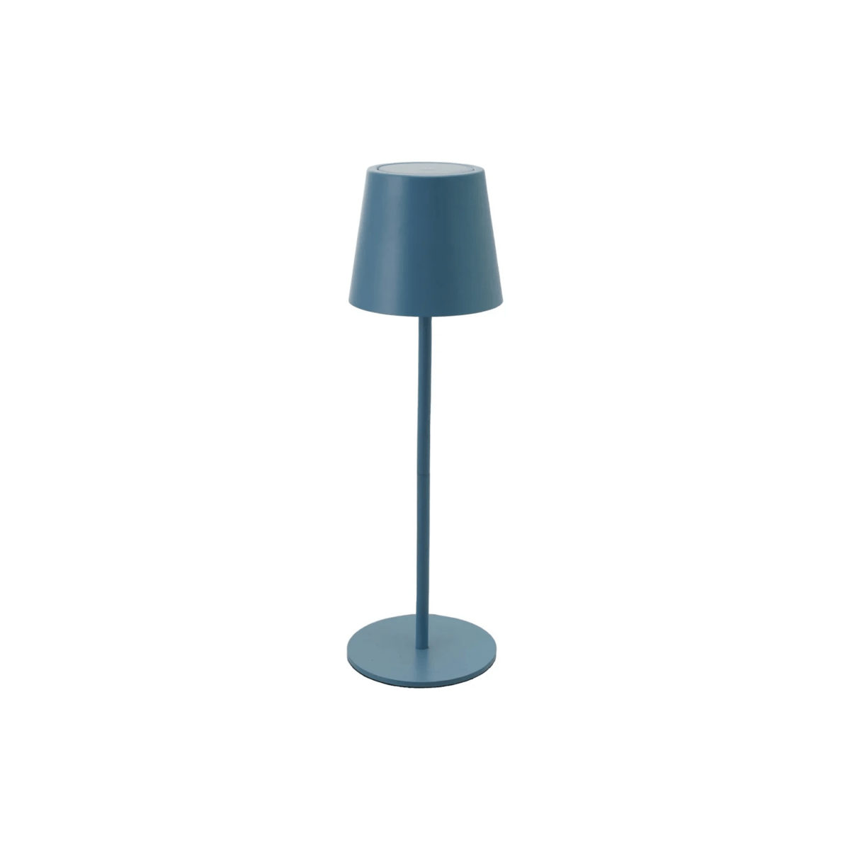 A modern, blue, metal table lamp with a round base and a conical lampshade, photographed against a plain white background—an ideal Nashville FINDS pick for May.