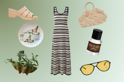 A sleeveless striped maxi dress—one of June’s Hottest FINDS in Nashville—is surrounded by tan sandals, a straw bag, a duck plate, a ceramic planter, a brown perfume bottle, and yellow sunglasses on a green gradient background.
