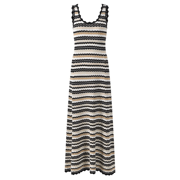 Sleeveless long dress with a scoop neckline, featuring horizontal wavy stripes in black, white, and beige tones—perfect for your Nashville finds this May.