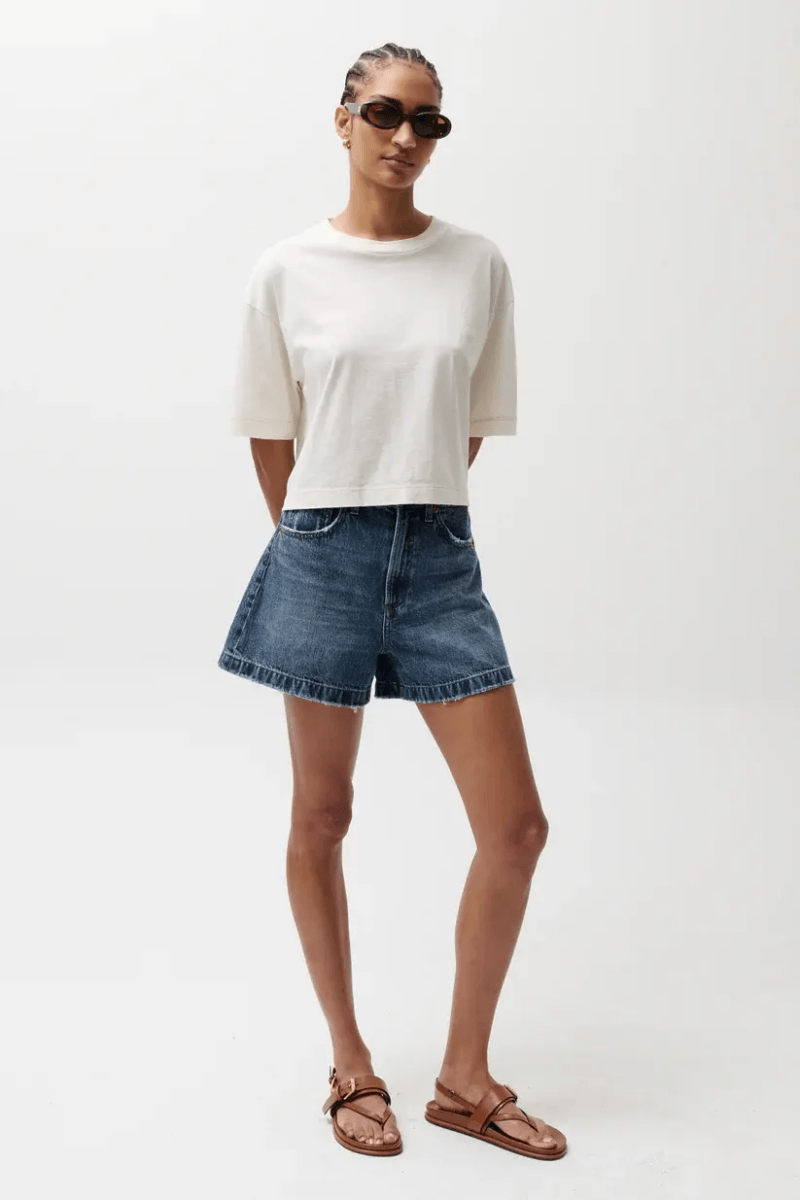 20 Nashville FINDS for June: Father's Day Gifts, Chic Accessories & More - 3 A person wearing sunglasses, a white short-sleeve t-shirt, denim shorts, and sandals stands against a plain white background, ready for the sunny days of May in Nashville. Perfect for those warm-weather Nashville FINDS!.