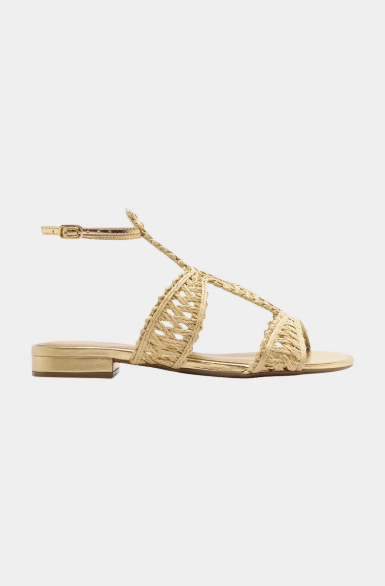 A flat sandal featuring a woven design with braided straps, an open toe, ankle strap with buckle closure, and a low block heel in neutral beige—one of the Stylish Southern finds you’ll love to shop May.