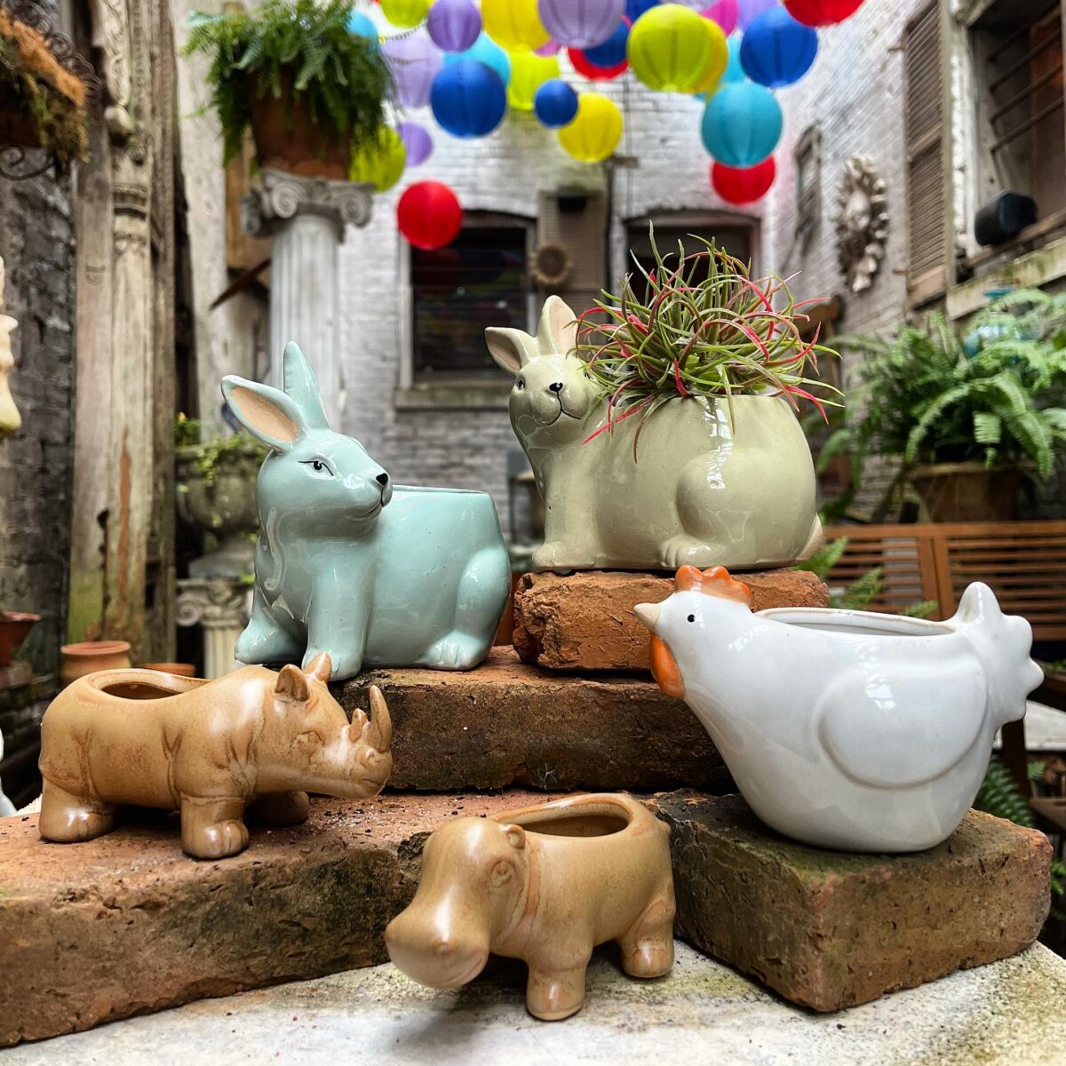 14 Best Women's Boutiques in Louisville - 10 Ceramic animal planters—including a rabbit, rhino, hippo, and chicken—are arranged on bricks in a Louisville courtyard with hanging colorful lanterns, offering perfect decor inspiration for women's boutiques in 2026.