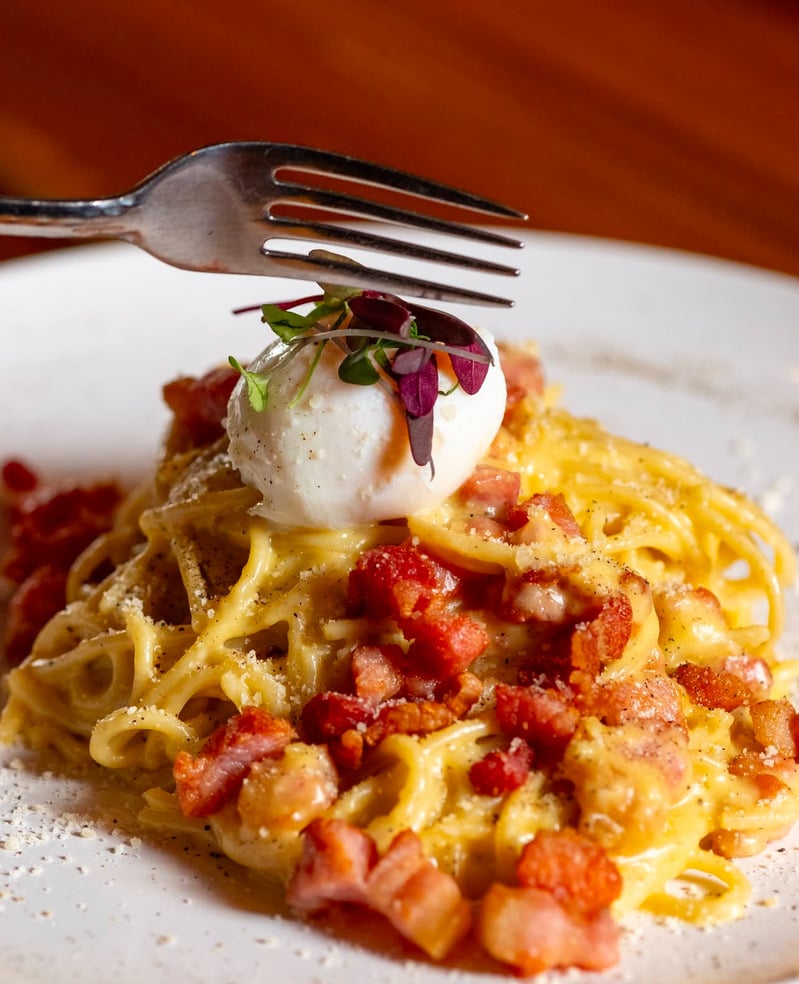 3 New Louisville Restaurants to Try this Month (+2 New Menus!) - 5 A fork hovers over a plate of pasta topped with diced bacon, a poached egg, grated cheese, and microgreens.