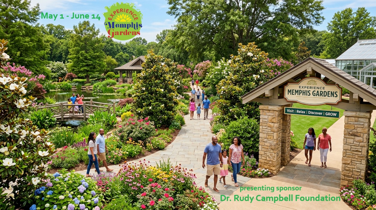 Meet the Memphis Gardener Who Sparked a Citywide Movement - 5 People walk through a garden with blooming flowers, trees, and a pond. A sign reads "Experience Memphis Gardens." Text notes event dates, sponsor information.
