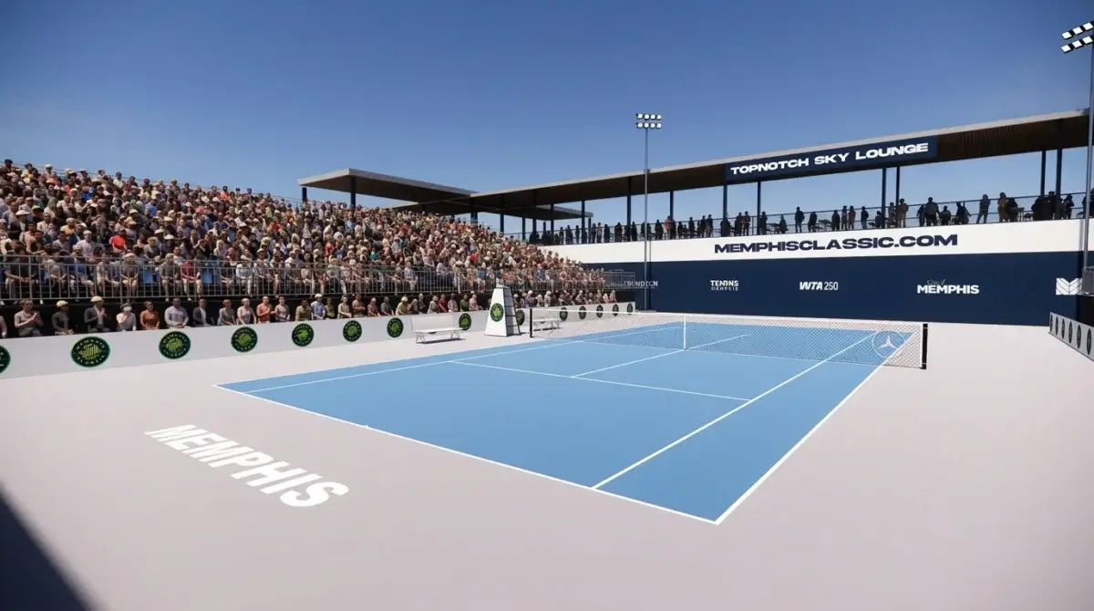 The Memphis Classic: The Return of Professional Women’s Tennis to Bluff City - 3 Outdoor tennis court with blue playing surface, surrounded by a large crowd in stadium seating, under clear skies at the Memphis Classic tournament.