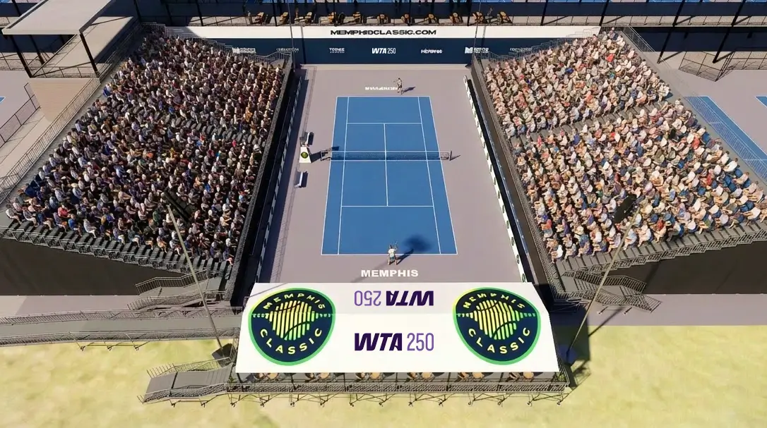 The Memphis Classic: The Return of Professional Women’s Tennis to Bluff City - 2 Aerial view of a tennis match at the Memphis Classic WTA 250 tournament, with spectators filling the stands around the blue court.