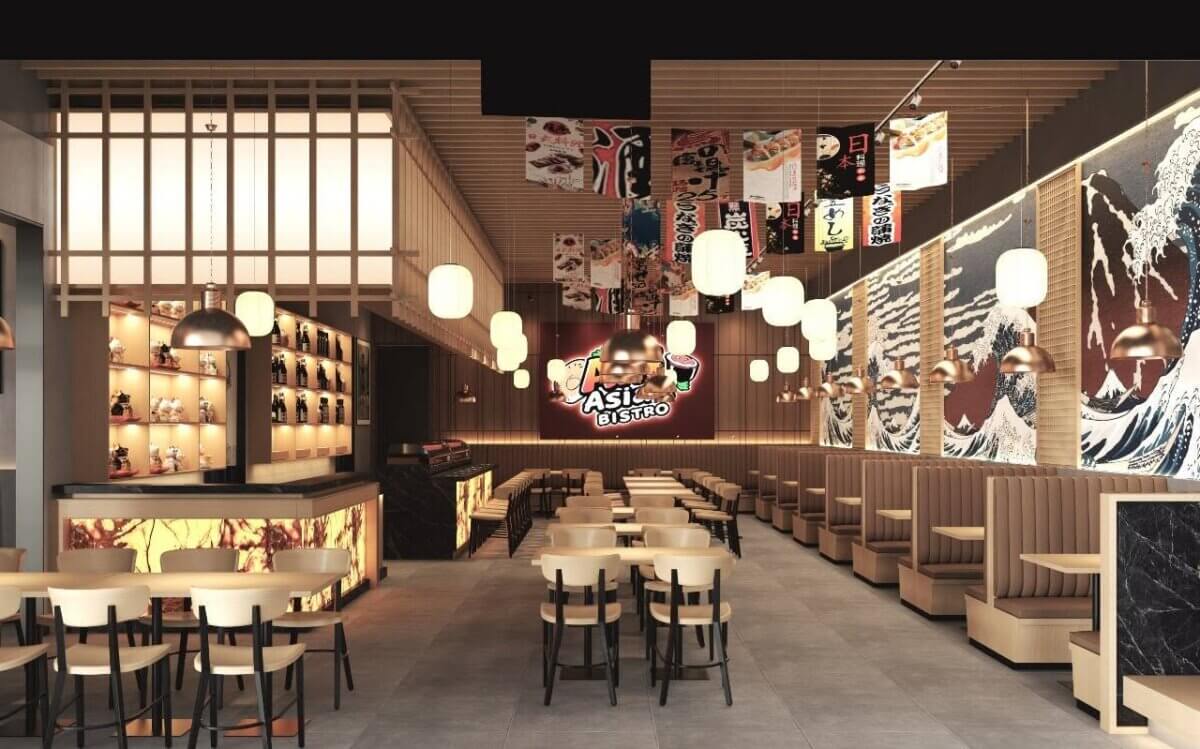 Modern Asian bistro interior with wooden tables, booth seating, hanging lanterns, wall art, decorative shelves, and colorful banners on the ceiling—an inviting spot among new Memphis restaurants.