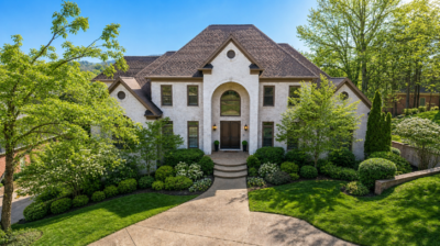 Two-story house at 513 Arden Wood Place with white brick exterior, brown roof, arched entryway, and landscaped front yard with shrubs and trees on a sunny day.