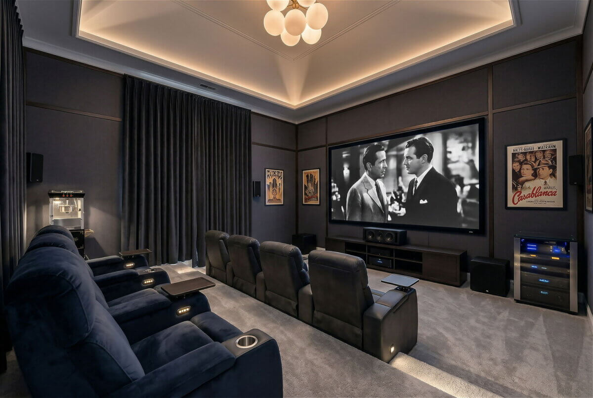 Just Listed! This Brentwood Estate Was Designed for Gathering, Entertaining & Everyday Living - 18 Home theater room with rows of recliner seats facing a large screen playing a black-and-white movie, surrounded by wall posters and sound equipment—perfect for entertaining at the Brentwood Estate.