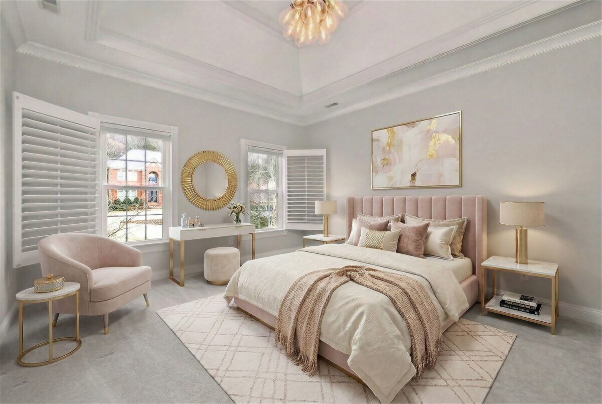 Just Listed! This Brentwood Estate Was Designed for Gathering, Entertaining & Everyday Living - 15 A modern bedroom at Brentwood Estate with a beige and blush color scheme, featuring a bed, armchair, vanity, nightstands, and large windows with shutters—perfect for Everyday Living.