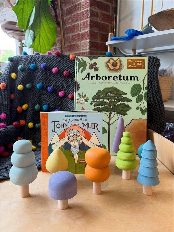 Your Guide to Nashville's Coolest Children's Stores - 8 Two children's books and six colorful wooden trees are displayed on a table, offering inspiration for anyone seeking a guide to Nashville children's stores. A cozy knitted blanket and plant complete the inviting scene in the background.