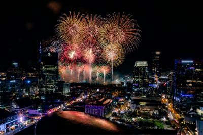 Colorful fireworks light up the night sky above a brightly illuminated city skyline with tall buildings and busy streets.