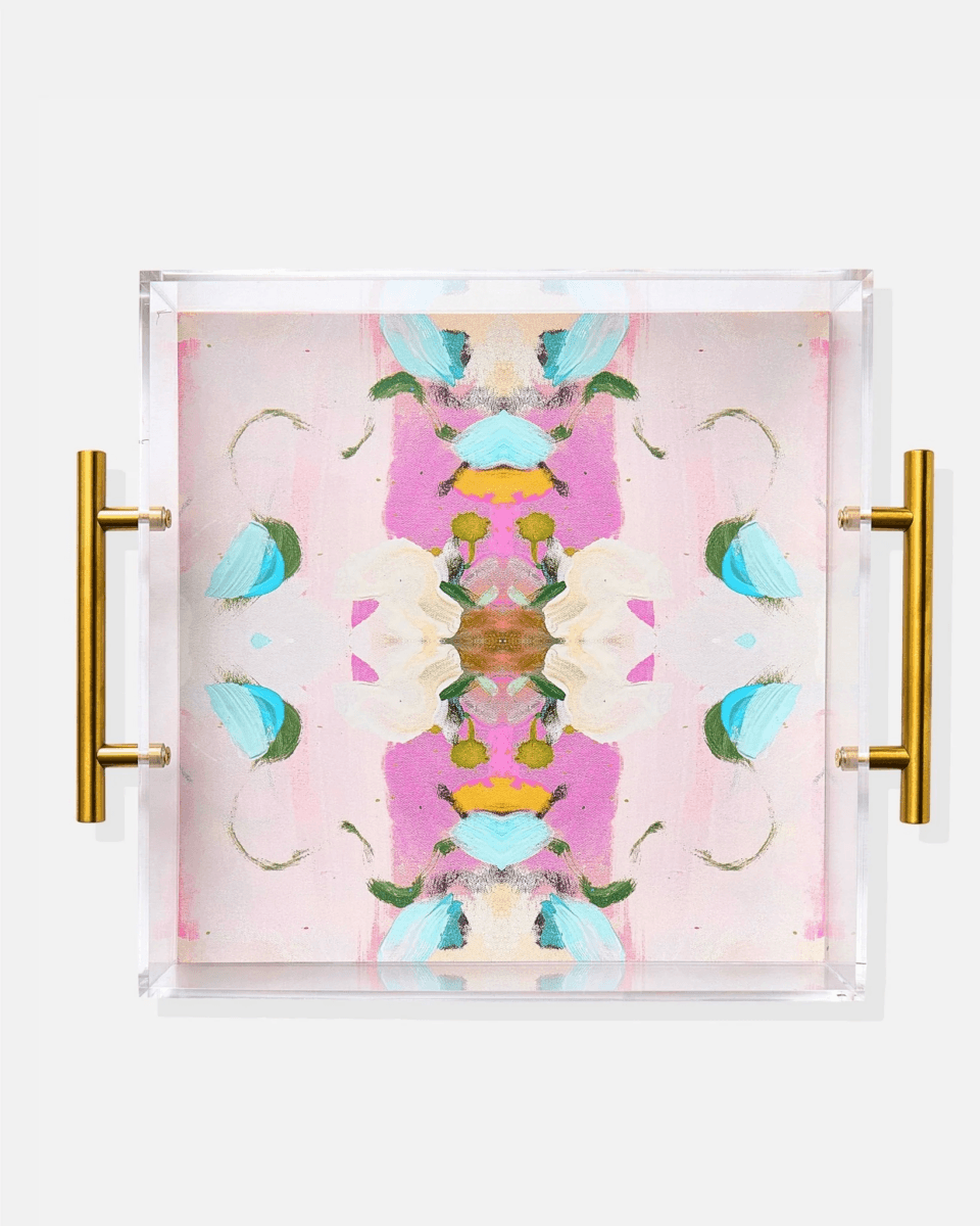 Rectangular tray with gold handles featuring a colorful, abstract symmetrical pattern in pink, blue, green, and yellow on a white background—a must-have for outdoor entertaining.